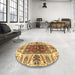 Round Abstract Chrome Gold Yellow Modern Rug in a Office, abs3269