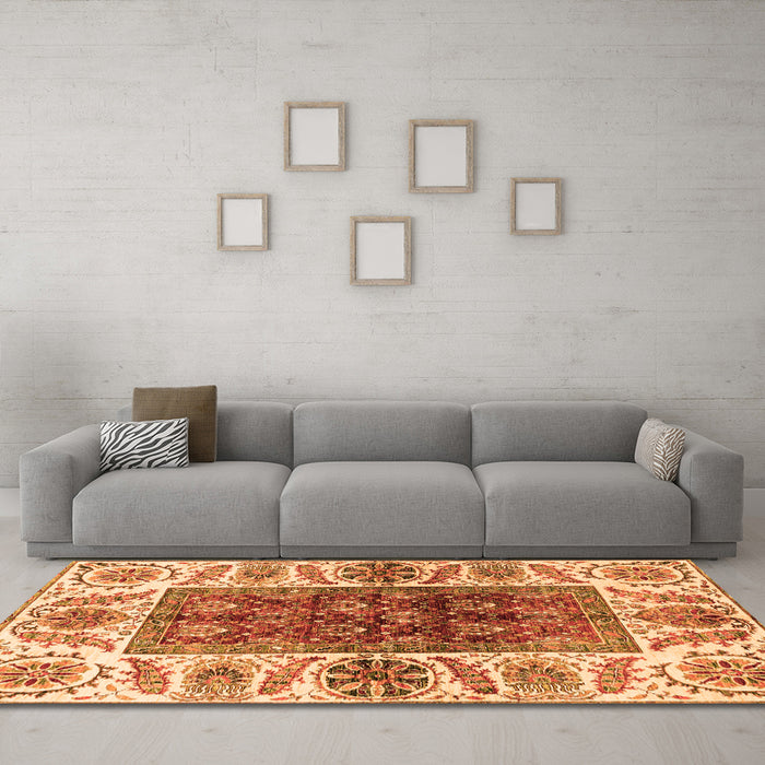 Machine Washable Abstract Orange Modern Area Rugs in a Living Room, wshabs3269org