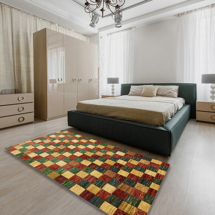 Machine Washable Abstract Saffron Red Rug in a Bedroom, wshabs326