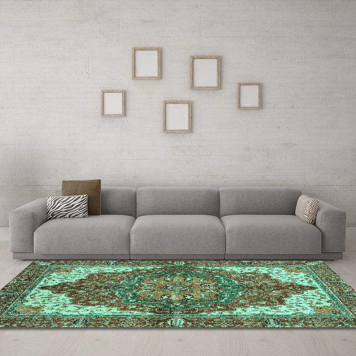 Machine Washable Persian Turquoise Traditional Area Rugs in a Living Room,, wshabs3270turq