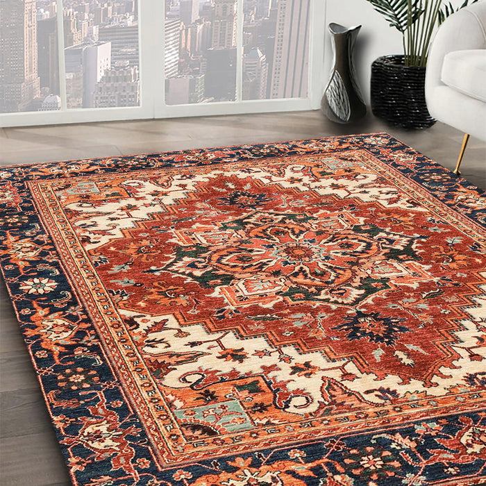 Abstract Saffron Red Persian Rug in Family Room, abs3271