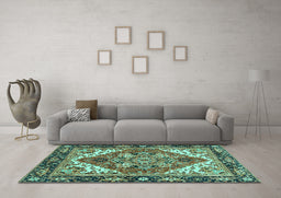 Machine Washable Persian Turquoise Traditional Area Rugs in a Living Room,, wshabs3271turq