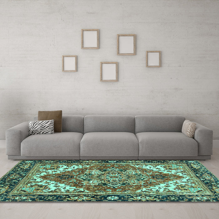 Machine Washable Persian Turquoise Traditional Area Rugs in a Living Room,, wshabs3271turq