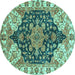 Round Machine Washable Geometric Turquoise Traditional Area Rugs, wshabs3272turq