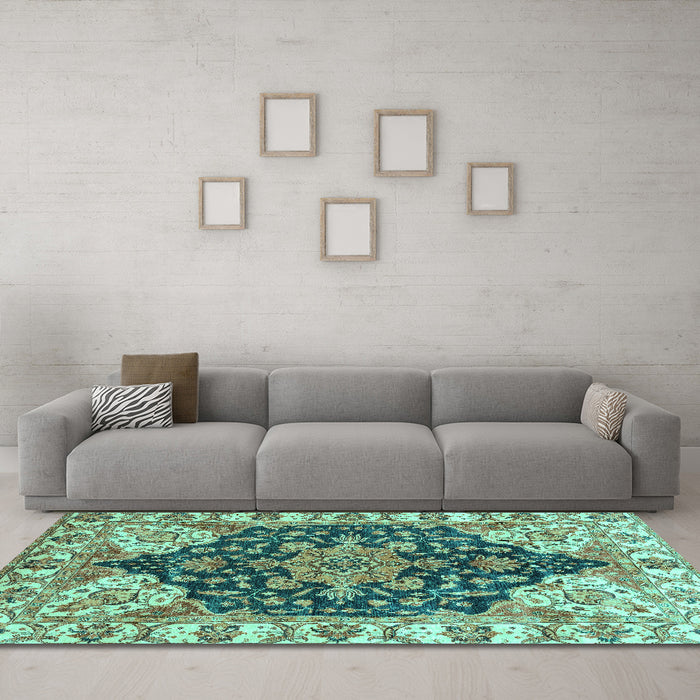 Machine Washable Geometric Turquoise Traditional Area Rugs in a Living Room,, wshabs3272turq