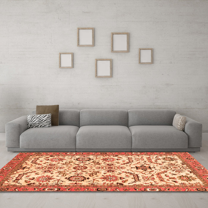 Machine Washable Abstract Orange Modern Area Rugs in a Living Room, wshabs3273org