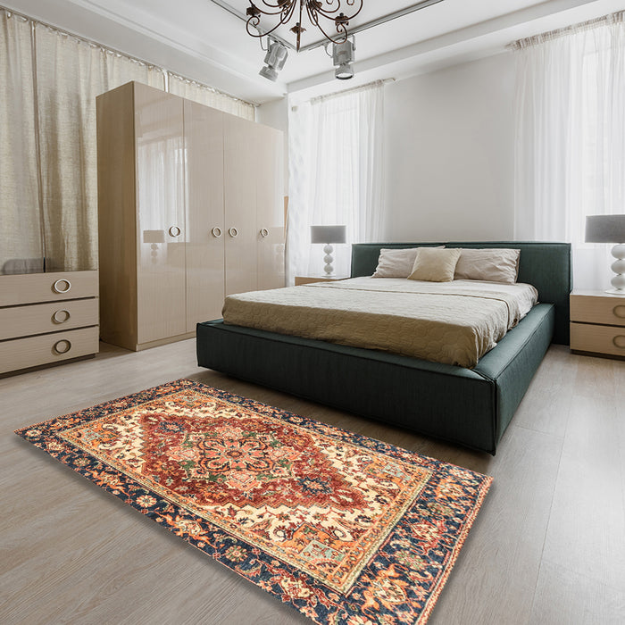 Abstract Brown Red Persian Rug in a Bedroom, abs3274