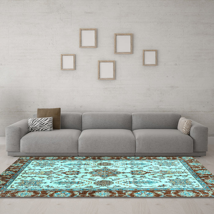 Machine Washable Oriental Light Blue Traditional Rug in a Living Room, wshabs3275lblu