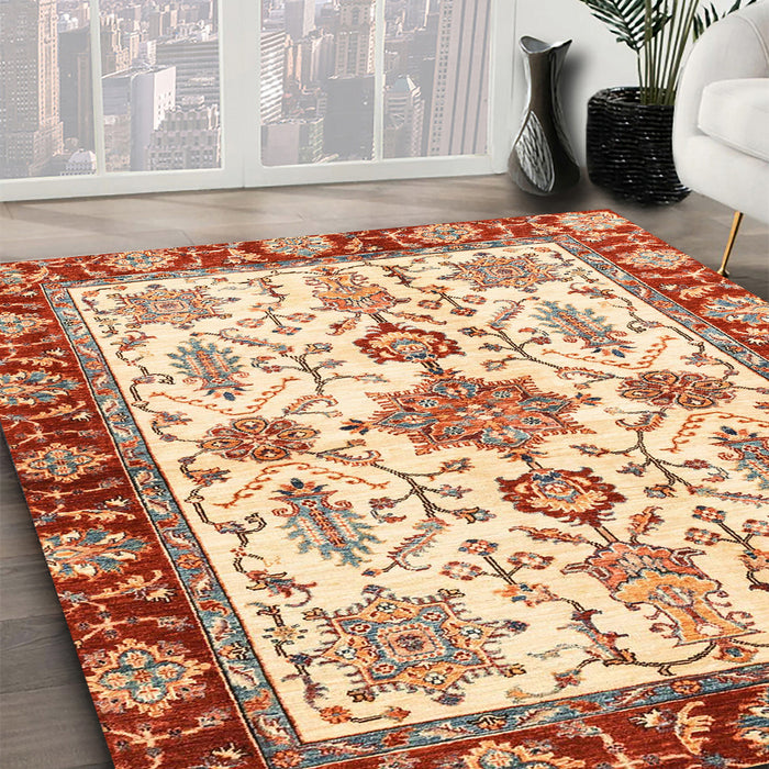 Abstract Brown Gold Oriental Rug in Family Room, abs3275