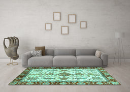Machine Washable Oriental Turquoise Traditional Area Rugs in a Living Room,, wshabs3275turq
