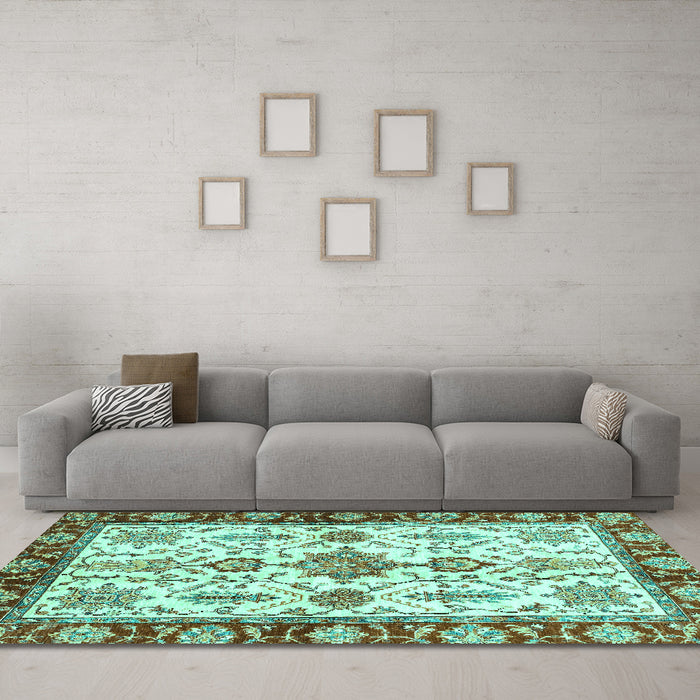 Machine Washable Oriental Turquoise Traditional Area Rugs in a Living Room,, wshabs3275turq