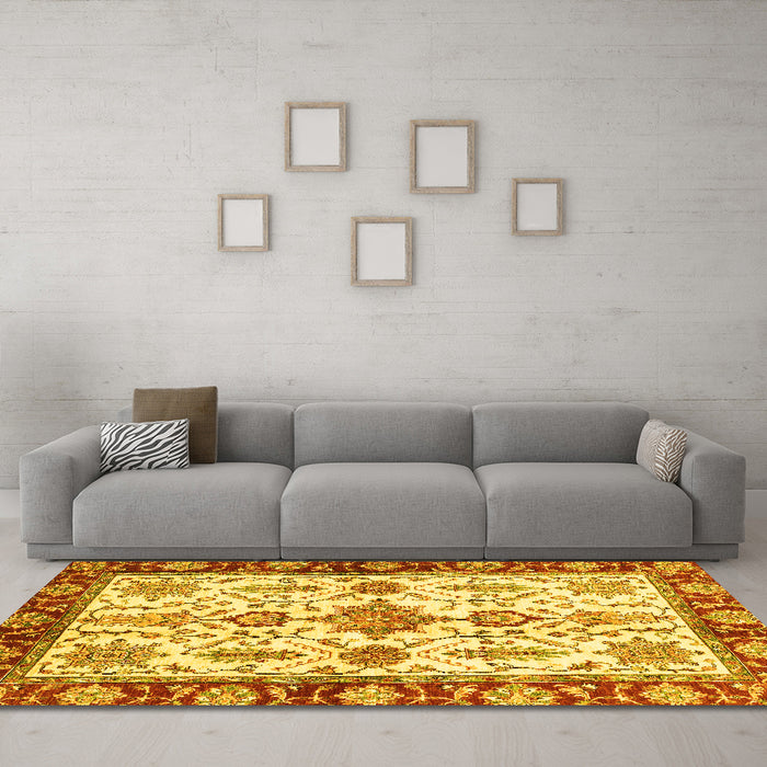 Machine Washable Oriental Yellow Traditional Rug in a Living Room, wshabs3275yw