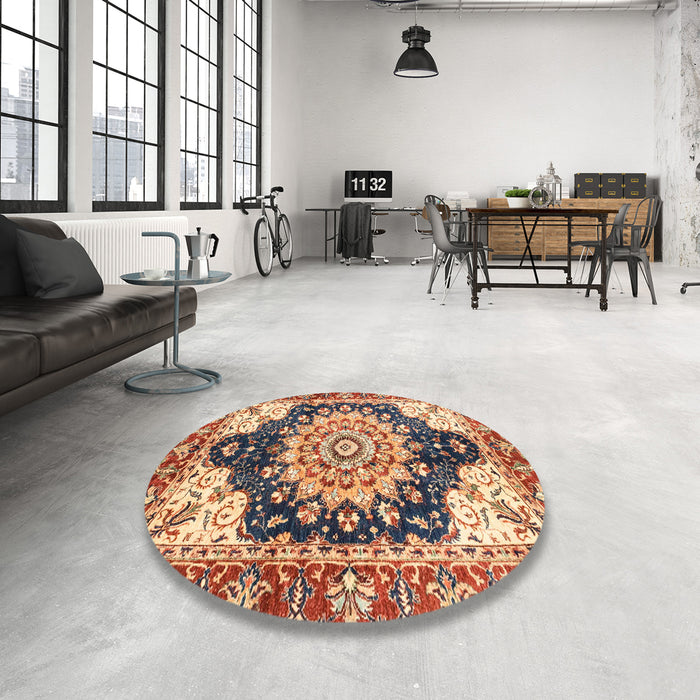 Round Abstract Brown Red Geometric Rug in a Office, abs3276