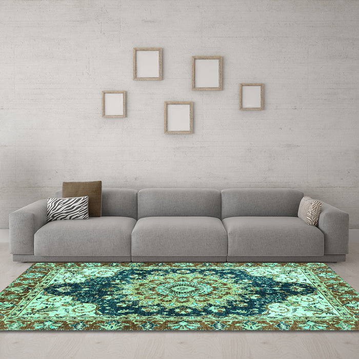 Machine Washable Geometric Turquoise Traditional Area Rugs in a Living Room,, wshabs3276turq