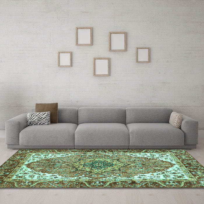 Machine Washable Persian Turquoise Traditional Area Rugs in a Living Room,, wshabs3277turq
