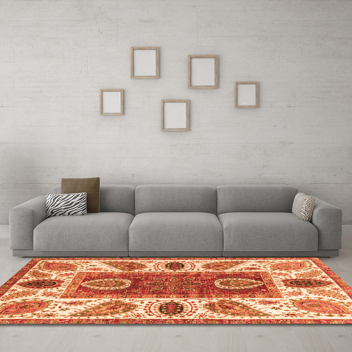 Machine Washable Abstract Orange Modern Area Rugs in a Living Room, wshabs3278org