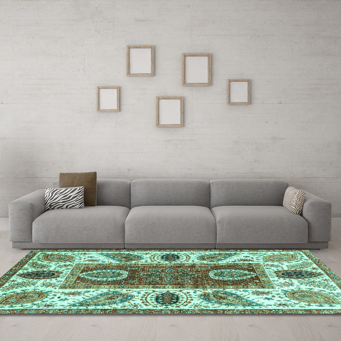 Machine Washable Abstract Turquoise Modern Area Rugs in a Living Room,, wshabs3278turq