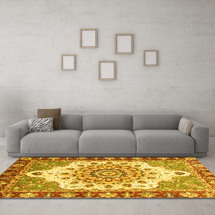 Machine Washable Abstract Yellow Modern Rug in a Living Room, wshabs3279yw