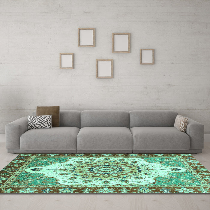 Machine Washable Abstract Turquoise Modern Area Rugs in a Living Room,, wshabs3279turq