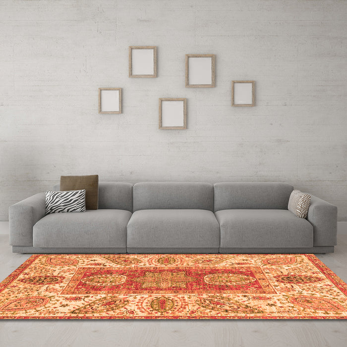 Machine Washable Abstract Orange Modern Area Rugs in a Living Room, wshabs3280org
