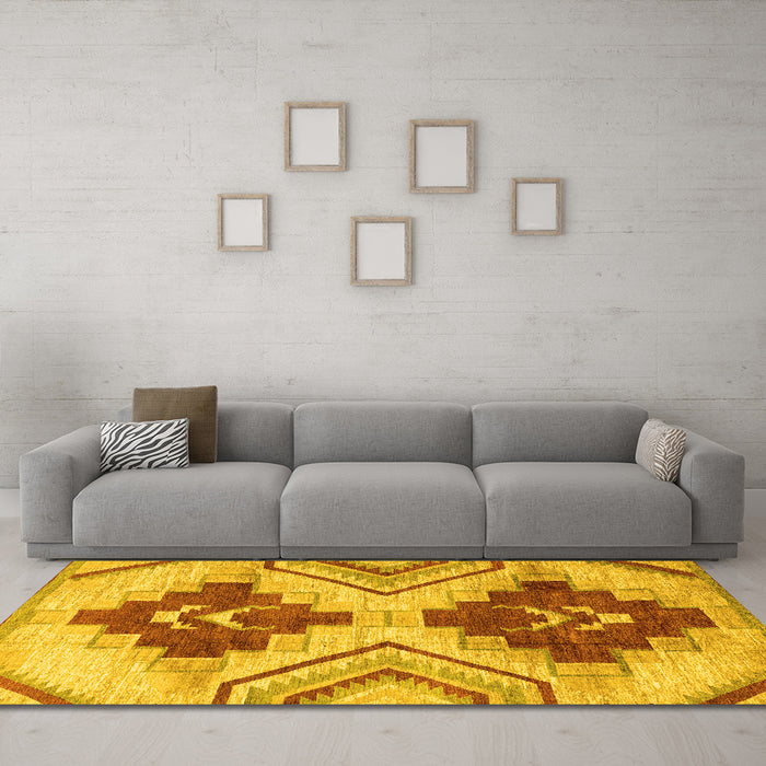 Machine Washable Abstract Yellow Modern Rug in a Living Room, wshabs3283yw