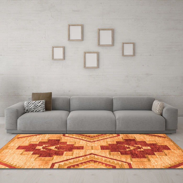 Machine Washable Abstract Orange Modern Area Rugs in a Living Room, wshabs3283org
