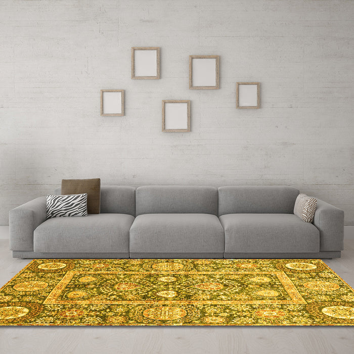 Machine Washable Oriental Yellow Traditional Rug in a Living Room, wshabs3288yw