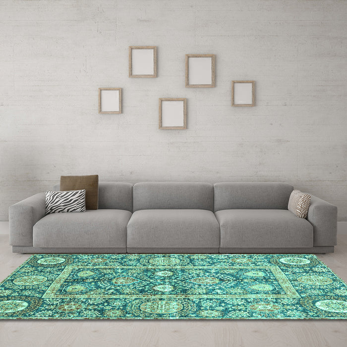 Machine Washable Oriental Turquoise Traditional Area Rugs in a Living Room,, wshabs3288turq
