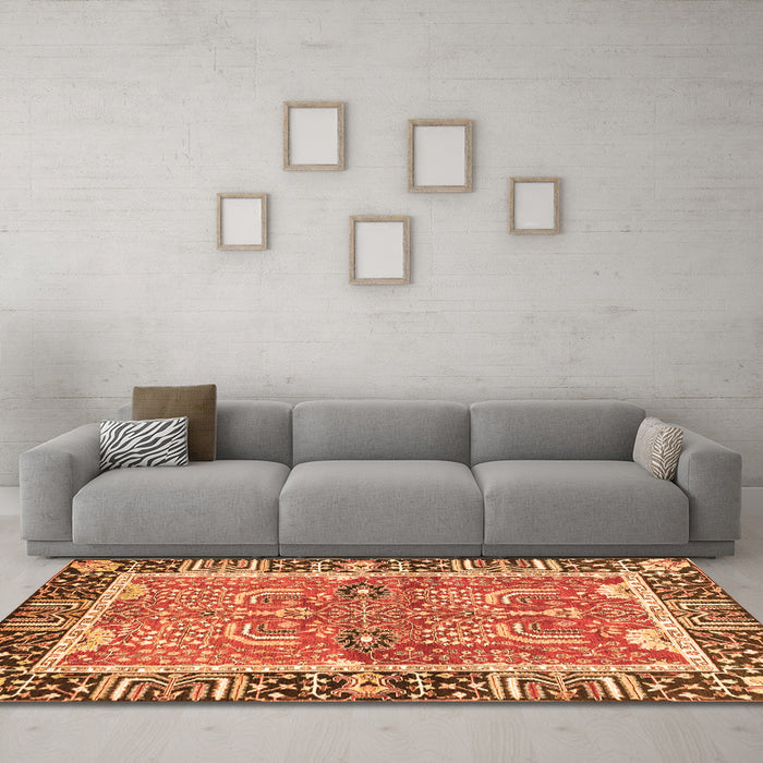 Machine Washable Abstract Orange Modern Area Rugs in a Living Room, wshabs3289org