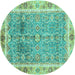 Round Machine Washable Oriental Turquoise Traditional Area Rugs, wshabs3290turq