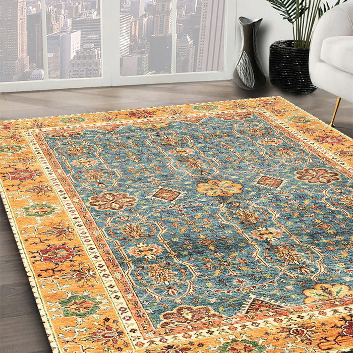 Abstract Dark Gold Brown Oriental Rug in Family Room, abs3290