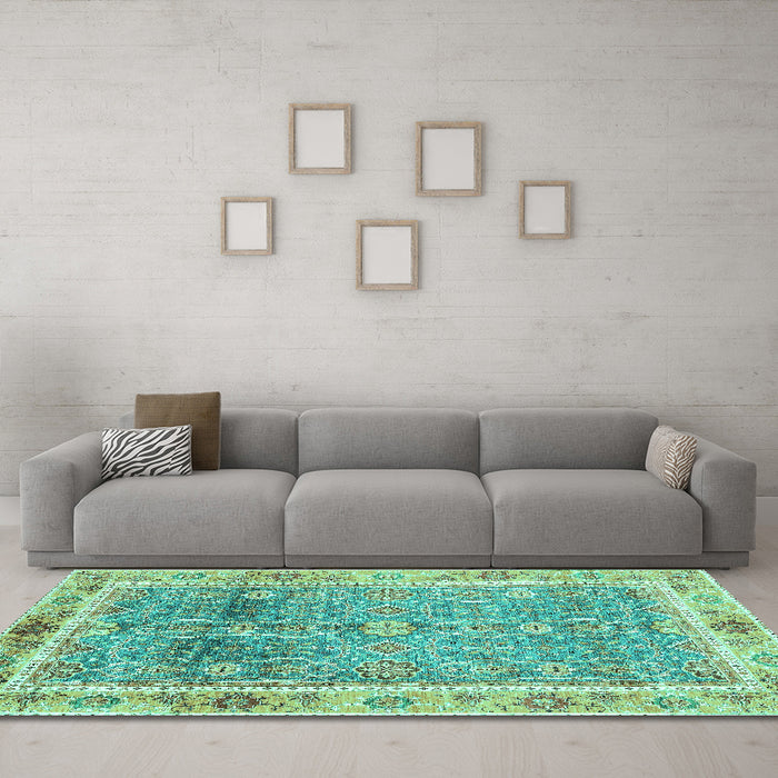 Machine Washable Oriental Turquoise Traditional Area Rugs in a Living Room,, wshabs3290turq
