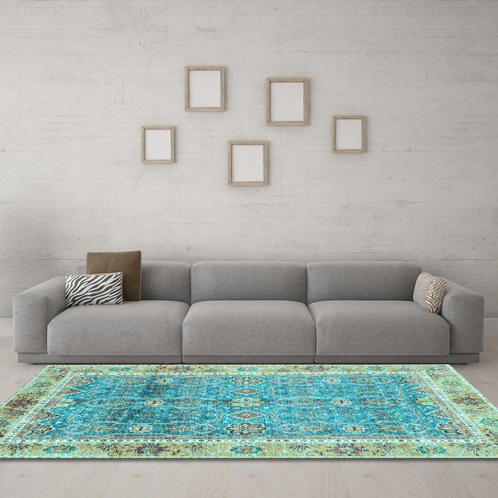 Machine Washable Oriental Light Blue Traditional Rug in a Living Room, wshabs3290lblu