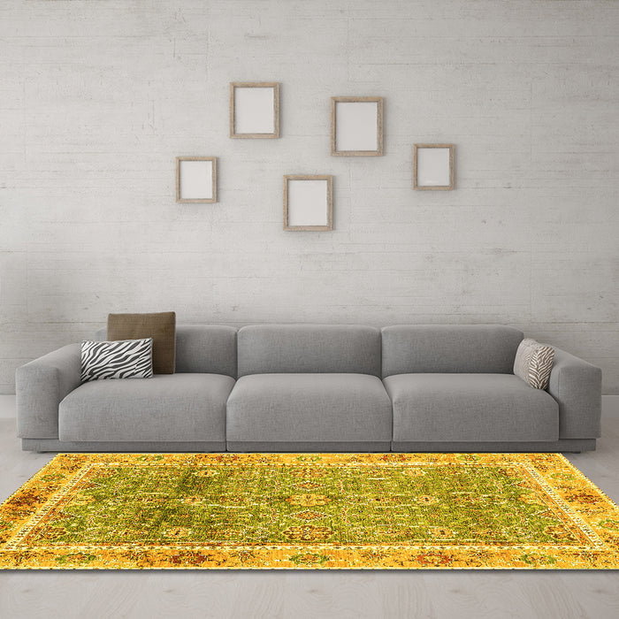 Machine Washable Oriental Yellow Traditional Rug in a Living Room, wshabs3290yw