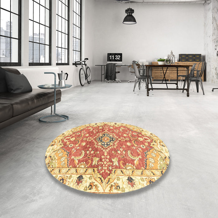 Round Abstract Mustard Yellow Modern Rug in a Office, abs3292