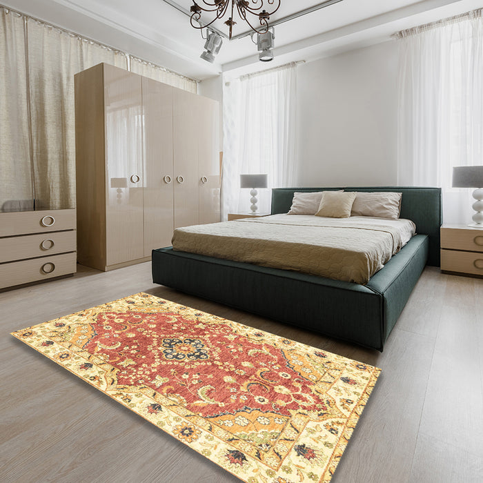 Abstract Mustard Yellow Modern Rug in a Bedroom, abs3292