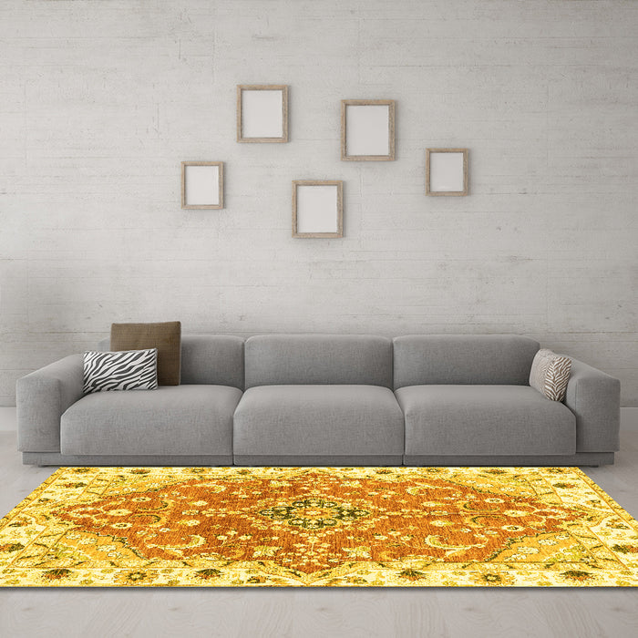 Machine Washable Abstract Yellow Modern Rug in a Living Room, wshabs3292yw