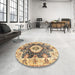 Round Abstract Mustard Yellow Modern Rug in a Office, abs3293