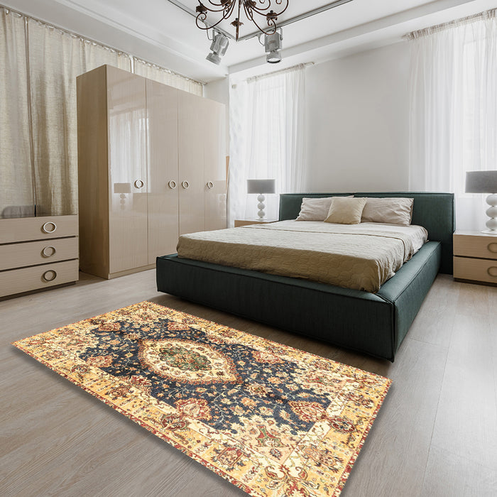 Abstract Mustard Yellow Modern Rug in a Bedroom, abs3293