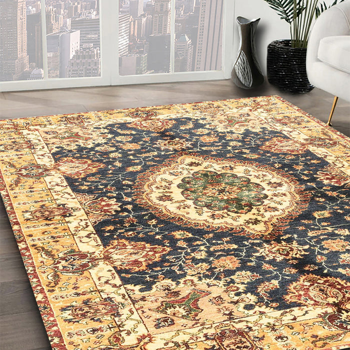 Machine Washable Abstract Mustard Yellow Rug in a Family Room, wshabs3293