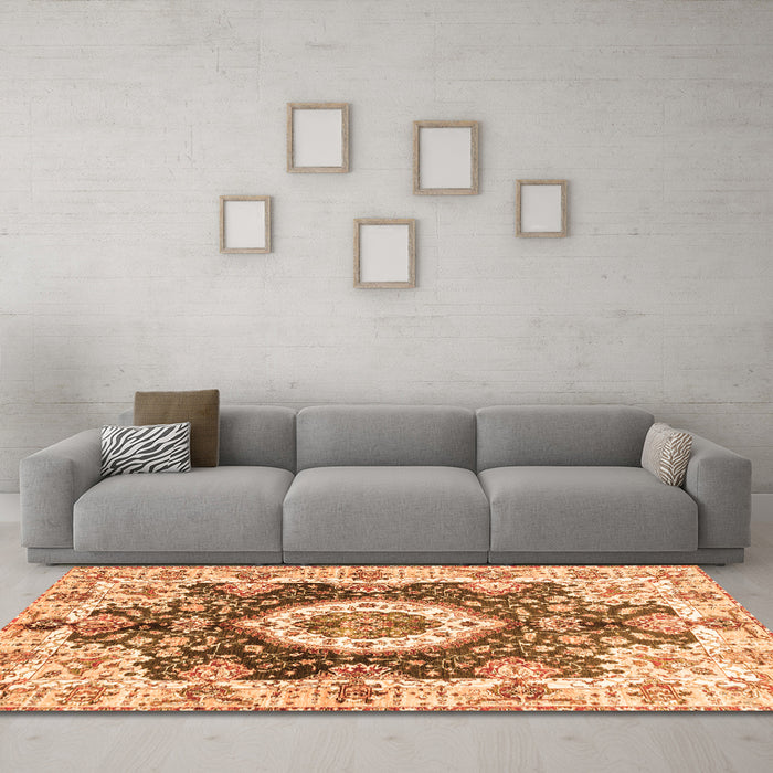 Machine Washable Abstract Orange Modern Area Rugs in a Living Room, wshabs3293org