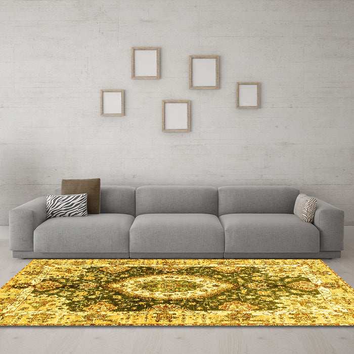 Machine Washable Abstract Yellow Modern Rug in a Living Room, wshabs3293yw