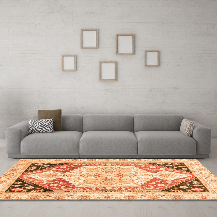 Machine Washable Abstract Orange Modern Area Rugs in a Living Room, wshabs3295org