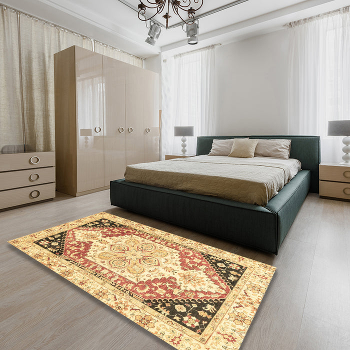 Machine Washable Abstract Chocolate Brown Rug in a Bedroom, wshabs3295