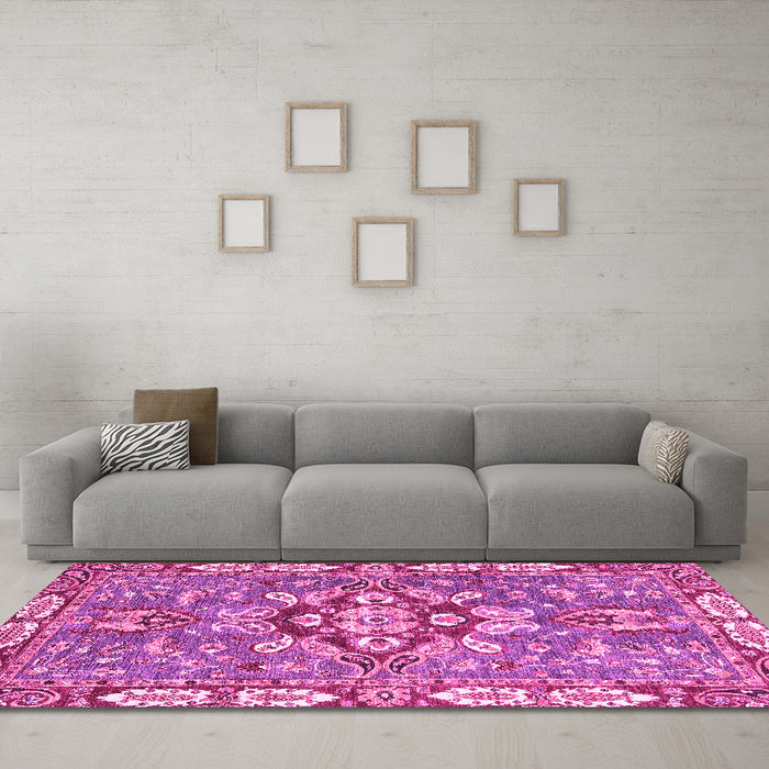 Machine Washable Geometric Pink Traditional Rug in a Living Room, wshabs3296pnk