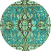 Round Machine Washable Geometric Turquoise Traditional Area Rugs, wshabs3296turq