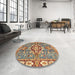 Round Machine Washable Abstract Brown Red Rug in a Office, wshabs3296