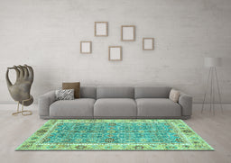 Machine Washable Oriental Turquoise Traditional Area Rugs in a Living Room,, wshabs3297turq