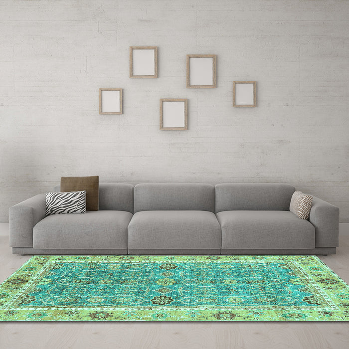 Machine Washable Oriental Turquoise Traditional Area Rugs in a Living Room,, wshabs3297turq