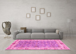 Machine Washable Oriental Pink Traditional Rug in a Living Room, wshabs3297pnk